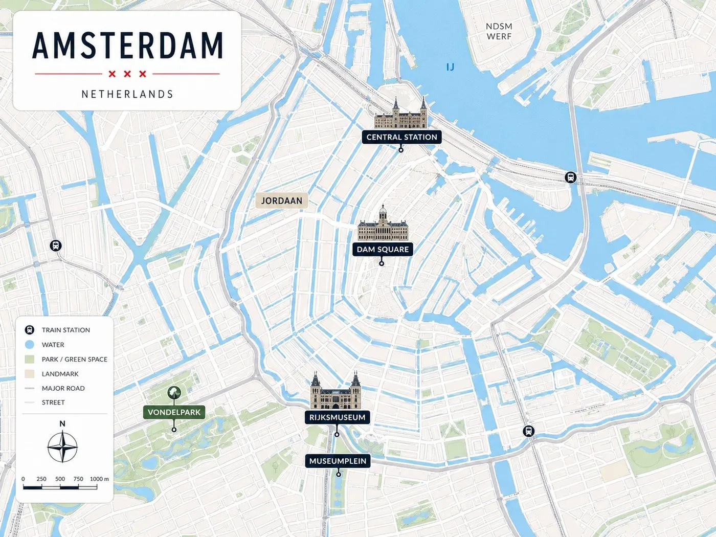 Illustrated map of central Amsterdam showing Centraal Station, Dam Square, Rijksmuseum and Vondelpark